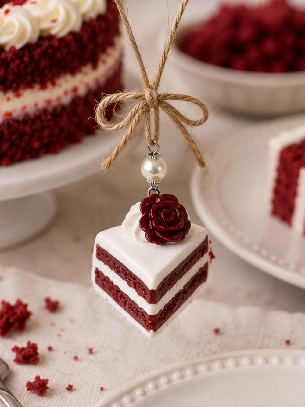 Red Velvet Cake Ornament | Handmade Miniature Dessert Cake Slice